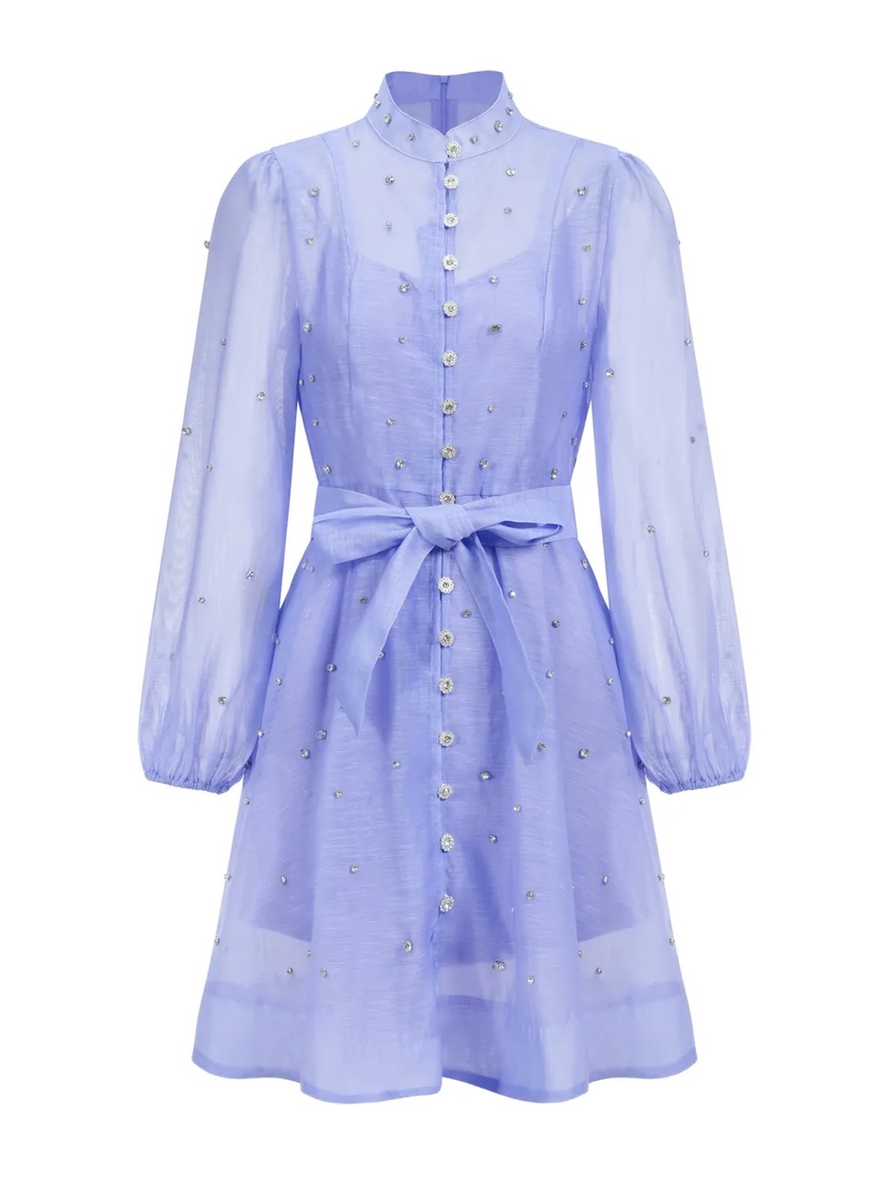 Lavender Long-Sleeve Embellished Tie-Waist Dress